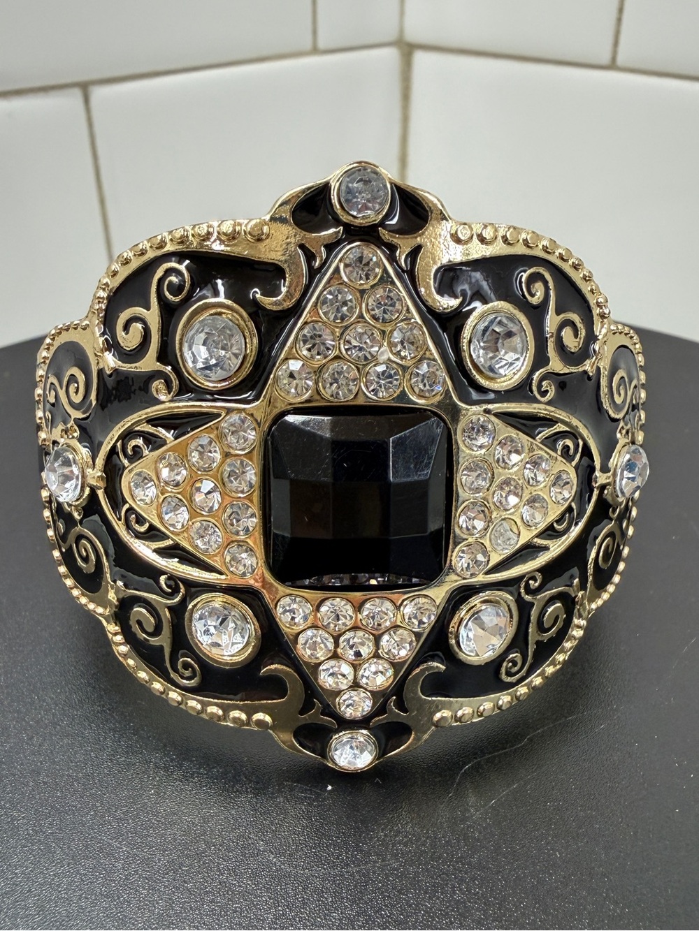Art Deco Black Enamel Rhinestone Hinged Cuff Bracelet Gold Tone